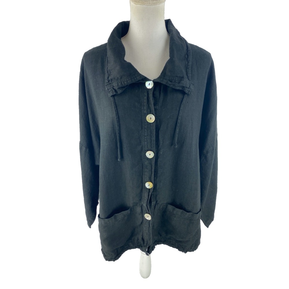 Mosaic USA XL Cardigan Jacket 100% Linen Lagenlook‎ Mother of Pearl Drawstring